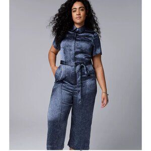 Simply Vera Wang Jumpsuit Womens Size XL Blue Satin  Crop Waist Tie Pockets NWT